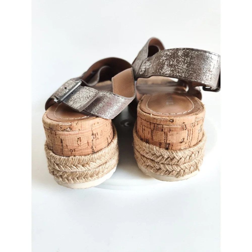 Trask Sandals 7.5 Espadrille Platform Metallic Silver Leather Strappy Boho Wedge